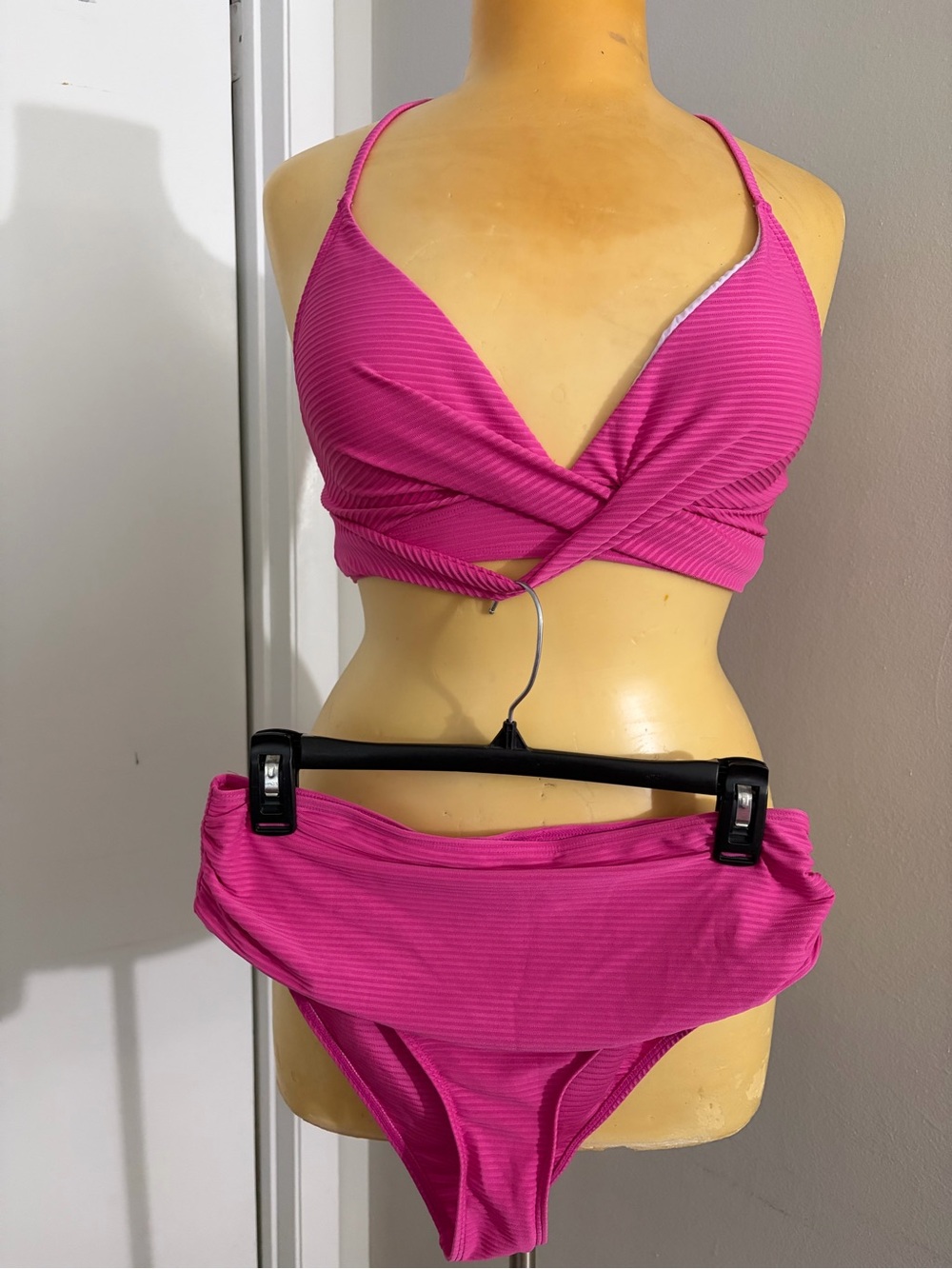SHEIN Hot Pink Ribbed Wrap-Front Bikini Set